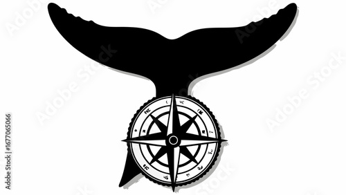 Whale tail silhouette above a compass rose illustration in black and white nautical design style image