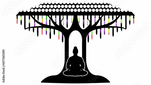 Silhouette of a person meditating under a tree with colorful hanging decorations and a gazebo structure
