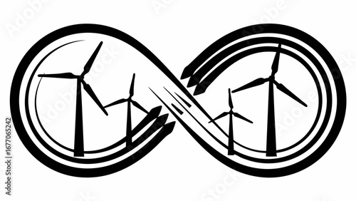 Illustration of an infinity symbol containing wind turbines and stylized wind lines in black and white silhouette