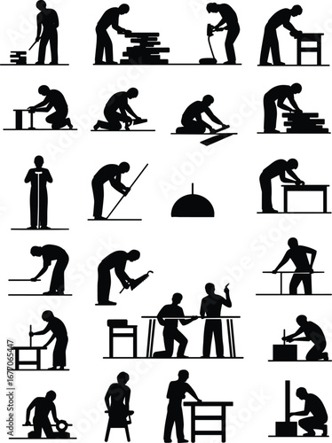 Furniture assembly process, worker silhouettes, DIY construction, tool usage, step by step guide, home improvement, carpentry, handyman, repair, flat vector illustration