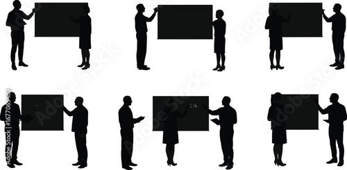 Business silhouettes, presentation, meeting, teamwork, training, discussion, pointing, writing, blackboard, whiteboard, office, corporate, education, vector, black, white, professional attire