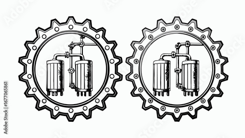 Two mechanical gears enclosing industrial tanks and pipe systems in a monochrome illustration style design silhouette