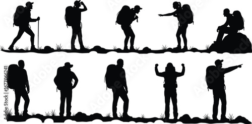 Hiking silhouettes, backpackers, trekking, outdoor adventure, mountain trail, walking, pointing, observing, celebrating, nature, travel, exploration, camping, vector, black, white, grassy terrain