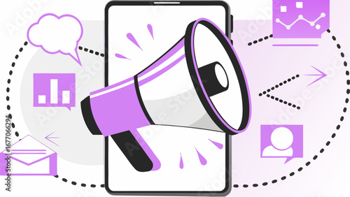 Megaphone on phone screen with marketing icons connected by dotted lines in a promotional design silhouette