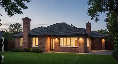 Modern brick bungalow with decorative chimneys, premium residence captured in soft natural light, refined and minimalist loo