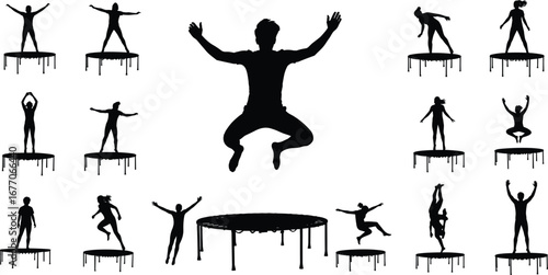 Trampoline jump silhouettes, multiple people, mid‑air, sport, fitness, fun, motion, vector, black, white, bounce, exercise, dynamic movement