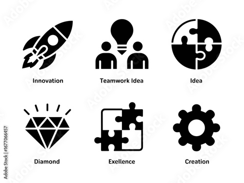  Innovation Rocket, Teamwork Idea and Puzzle Excellence Icons
