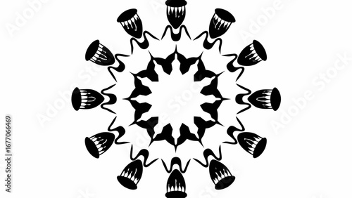 Circular arrangement of stylized drums surrounding a star shaped central design in black and white format silhouette