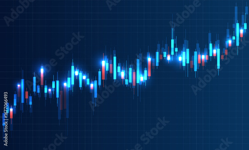 Glowing stock market chart with blue and red candlestick bars on dark background, symbolizing trading, finance, investment, economy, and business analysis.