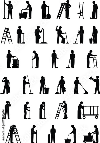 Cleaning and maintenance silhouettes, janitorial service, housekeeping tasks, floor mopping, vacuuming, ladder work, bucket and mop, hygiene, sanitation, tools, flat vector illustration