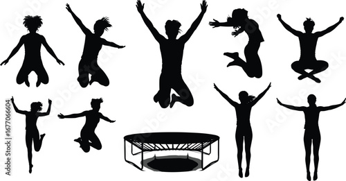 Trampoline jump silhouettes, acrobatic poses, mid‑air, sport, fitness, fun, motion, vector, black, white, bounce, exercise, dynamic movement