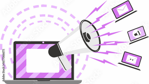 Laptop with megaphone broadcasting to other laptops with email and megaphone icons displayed online silhouette