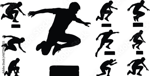 Jumping silhouette sequence, obstacle, approach, takeoff, mid‑air, landing, sport, athlete, motion study, training, vector, black, white, biomechanics, fitness