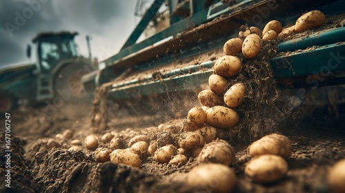 **Ultra Realistic Cinematic Stock Image Of A Mechanical Potato Harvester Lifting Soil And Fresh Potatoes Onto A Conveyor Belt, Earthy Soil Textures And Golden Potatoes In Sharp Hdr Detail, Natural Day