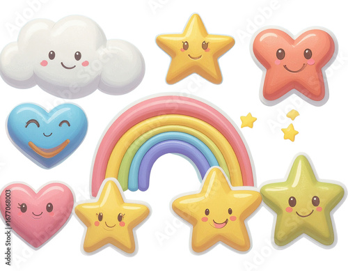  flowers isolated on white - Firefly_Set of groovy colorful stickers. Stars, heart, smile, cloud, rainbow. Inflated elemen 