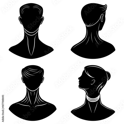 Four silhouette portraits of people with different hairstyles and necklines in black and white style