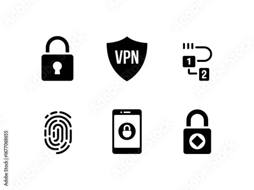Digital Security and Authentication Icons — Shield Padlock Fingerprint Key Eye