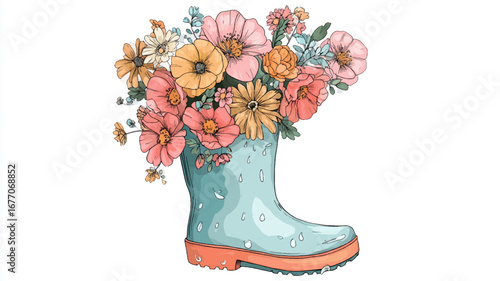 Vector illustration, of rubber boots with flowers on a white background, watercolor painting