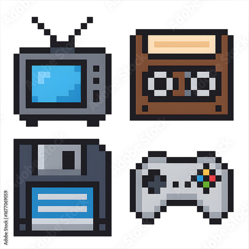Pixel art retro tech icons transparent PNG 2x2 set CRT TV cassette tape 3.5” floppy disk classic game controller 8-bit sprites isolated cut out for vintage gadget branding