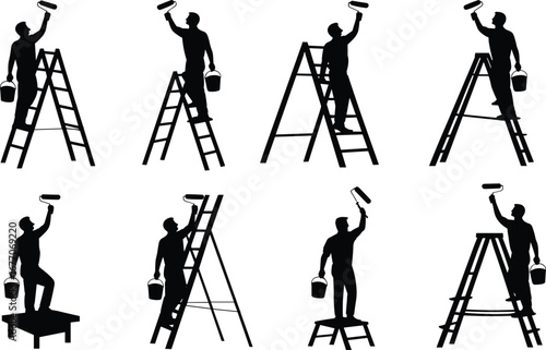 High reach painting silhouettes, wall painting, ceiling painting, paint roller, ladder work, home improvement, renovation, maintenance, DIY, flat vector illustration