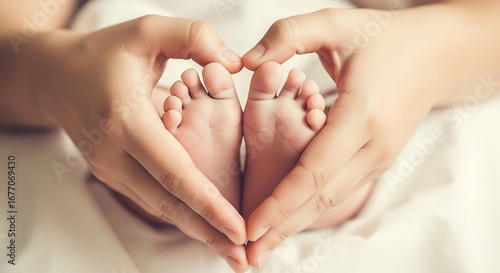 Newborn baby feet held by parents hands in a heart shape.