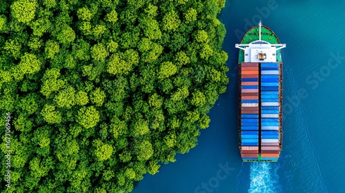 Aerial view of container vessel using biomass maritime fuel, representing sustainable shipping decarbonization concept.