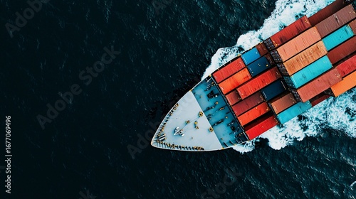 Aerial view of container vessel using biomass maritime fuel, representing sustainable shipping decarbonization concept.