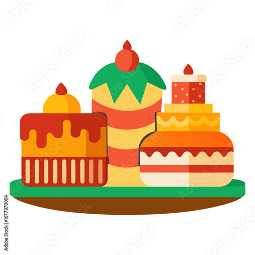Vector art illustration of cakes of various designs arranged on a tray