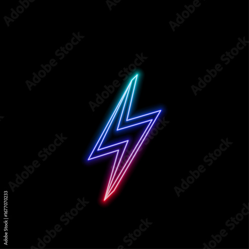 Neon lightning. Energy neon set. Lightning, thunder and electricity sign.