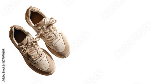 Illustration of a pair of beige suede sneakers isolated on transparent background, perfect for a sporty and casual style, ideal for running, walking, and everyday wear