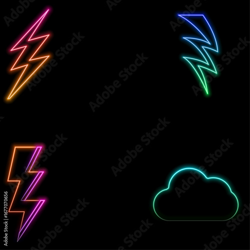 neon lightning.Neon charger symbol. set 3D. Symbol of energy, danger. Minimalist electrical discharge. Stock vector illustration on isolated background.