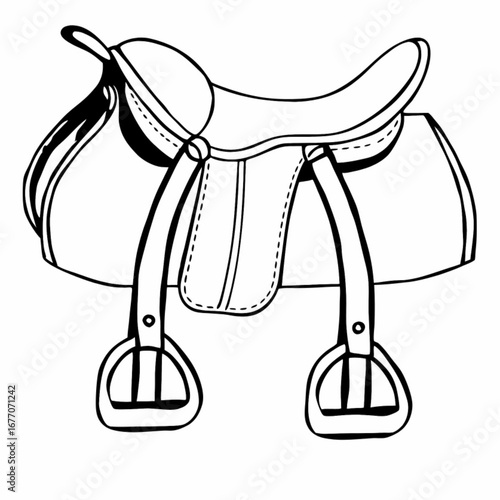 Minimilist detailed outline drawing of a horse saddle with stirrups and other riding equipment shown clearly in black and white vector