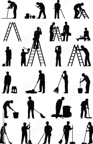 Cleaning and maintenance silhouettes, janitorial service, housekeeping tasks, sweeping, mopping, vacuuming, ladder work, hygiene, sanitation, tools, worker, chores, flat vector illustration