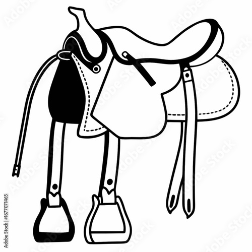 Minimilist illustration of a western saddle with stirrups and rigging depicted in black and white outline style vector