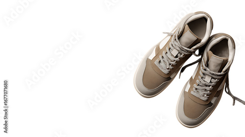 Illustration of top view of a pair of stylish sneakers, showcasing a modern design and casual style, perfect for a sporty and fashionable look, isolated on transparent background, trendy footwear