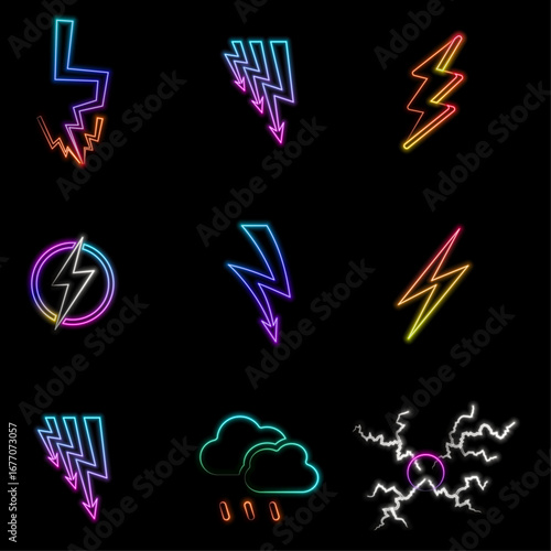 neon style.Vector icons of lightning or energy charging. Lightning symbols for energy or electricity charge