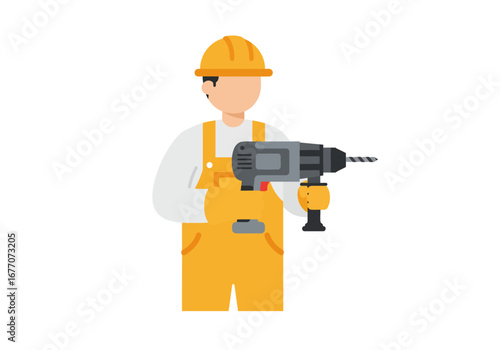 Focused Construction Worker Using a Drill.