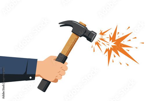 Closeup of a hand using a hammer to strike a surface.