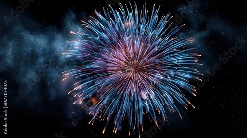 A vibrant, multi-colored firework bursts beautifully against a dark night sky, filled with swirling clouds and scattered stars.