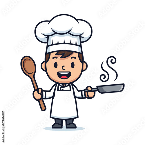 A cheerful and dedicated cartoon chef is holding a wooden spoon and a frying pan, ready to cook delicious food with passion, creativity, and expertise, representing culinary arts and professional cook