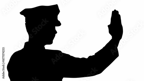 Silhouette of a police officer with cap raising hand in a stop gesture against a white background scene