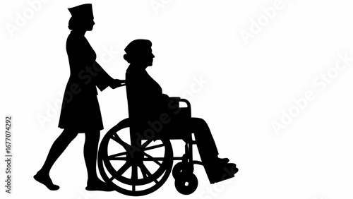 Silhouette of a nurse pushing a patient in a wheelchair providing care and assistance in black and white