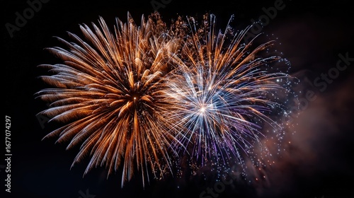 Vibrant bursts of orange, gold, and violet fireworks illuminate a dark night sky.