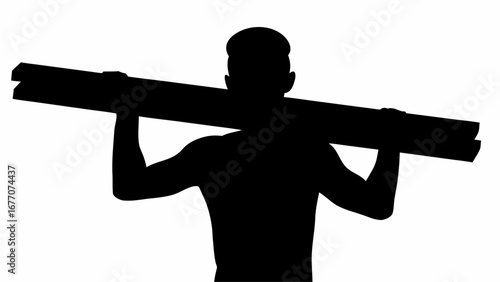 Silhouette of a man carrying two long planks of wood on his shoulders in a black and white image style