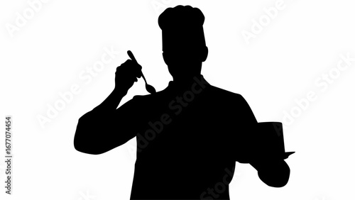 Silhouette of a chef tasting food with a spoon while holding a plate against a white background view