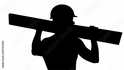 Silhouette of construction worker carrying a plank of wood on his shoulders wearing a hard hat design