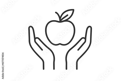 Hands holding apple line icon. Healthy food, nutrition concept. Health care, diet, wellness symbol. Organic fruit for a healthy lifestyle. Natural vitamin fresh food logo.