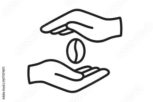 Hands holding coffee bean vector line icon. Concept of quality control, fair trade, specialty coffee. Minimal outline symbol for cafe, roastery, packaging, and logo design.