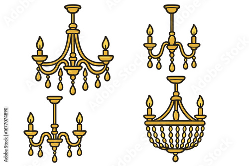 Set of elegant vintage chandeliers. Golden classic ceiling lamp collection with candles and crystals. Luxury interior design element. Vector outline cartoon illustration set.