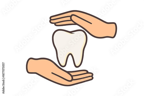Hands holding and protecting a tooth. Dental care and insurance concept. Oral hygiene and health. Dentist, stomatology symbol. Vector icon for clinic, website or app.